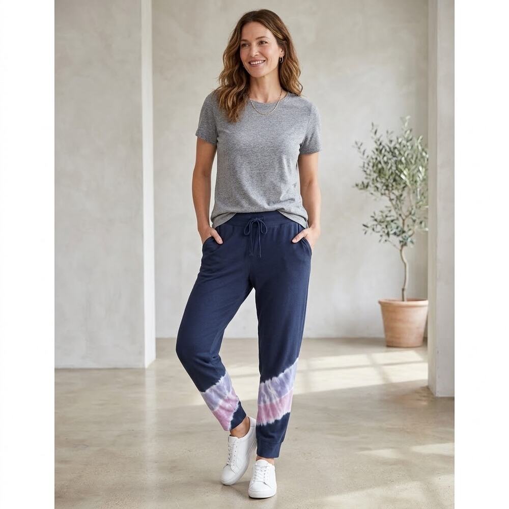 J.Jill Fit Jogger Pants L Navy Tie Dye French Terry Cotton Modal Athleisure